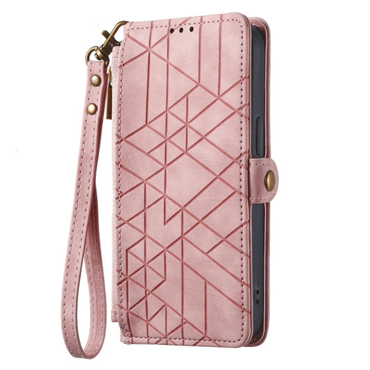 For Samsung Galaxy S21 FE 5G Geometric Zipper Wallet Side Buckle Leather Phone Case(Pink) by buy2fix