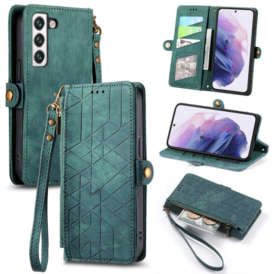 For Samsung Galaxy S20 Geometric Zipper Wallet Side Buckle Leather Phone Case(Green)