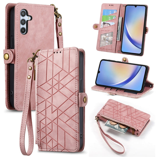 For Samsung Galaxy A52 5G Geometric Zipper Wallet Side Buckle Leather Phone Case(Pink)