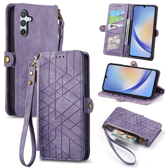 For Samsung Galaxy A52 5G Geometric Zipper Wallet Side Buckle Leather Phone Case(Purple)