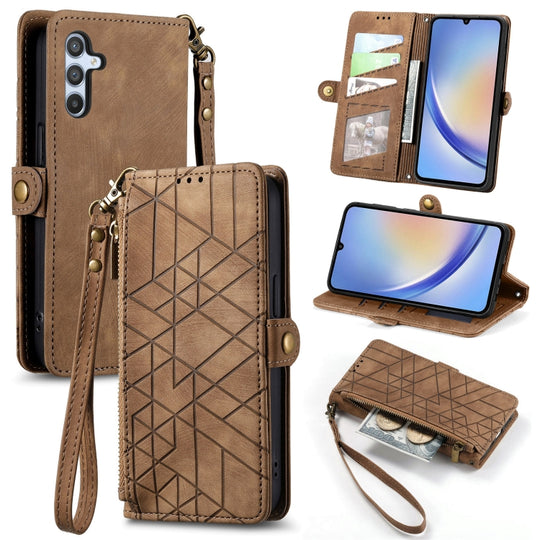 For Samsung Galaxy A52 5G Geometric Zipper Wallet Side Buckle Leather Phone Case(Brown)