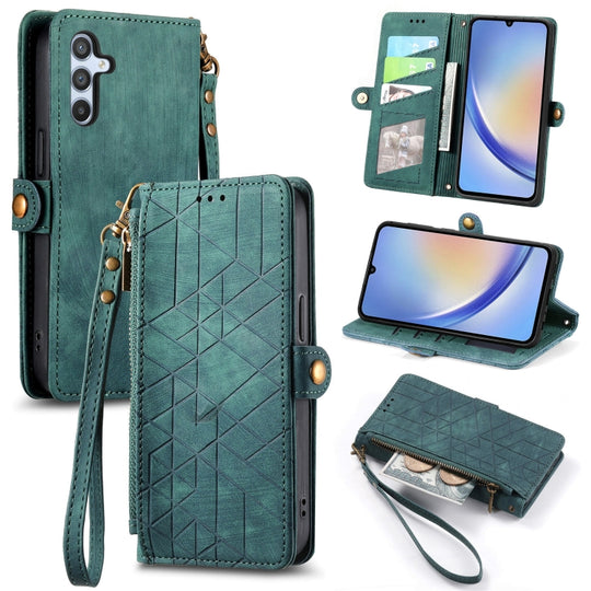 For Samsung Galaxy A54 5G Geometric Zipper Wallet Side Buckle Leather Phone Case(Green)