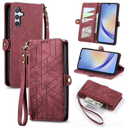 For Samsung Galaxy A14 4G Geometric Zipper Wallet Side Buckle Leather Phone Case(Red)