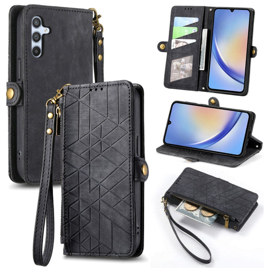For Samsung Galaxy A34 5G Geometric Zipper Wallet Side Buckle Leather Phone Case(Black)