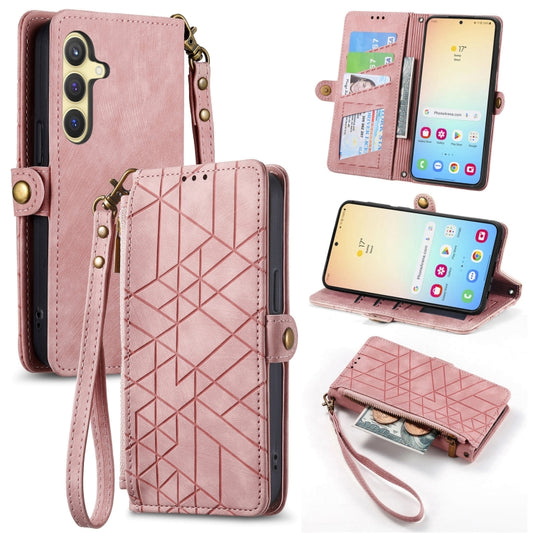 For Samsung Galaxy S25 5G Geometric Zipper Wallet Side Buckle Leather Phone Case(Pink) - Galaxy S25 5G Cases by buy2fix | Online Shopping UK | buy2fix