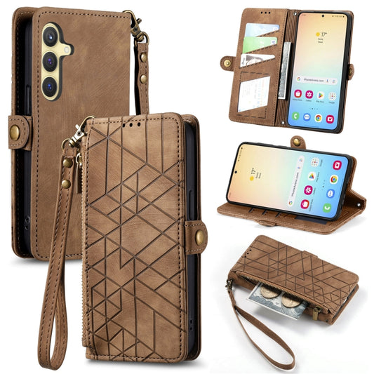 For Samsung Galaxy S25+ 5G Geometric Zipper Wallet Side Buckle Leather Phone Case(Brown) by buy2fix