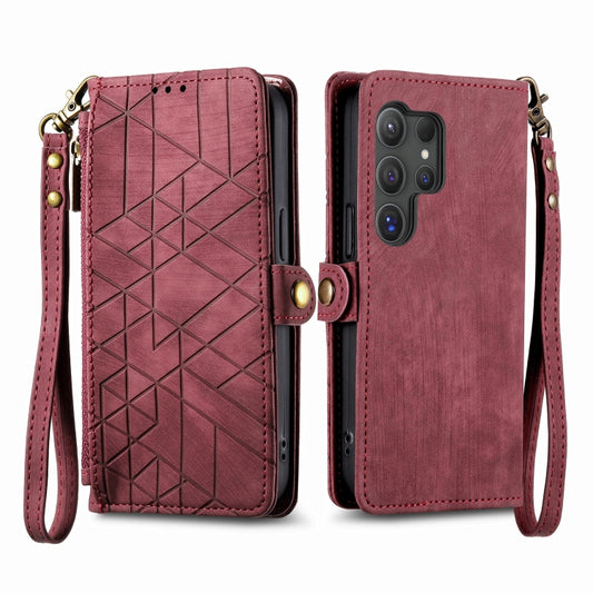 For Samsung Galaxy S25 Ultra 5G Geometric Zipper Wallet Side Buckle Leather Phone Case(Red) by buy2fix