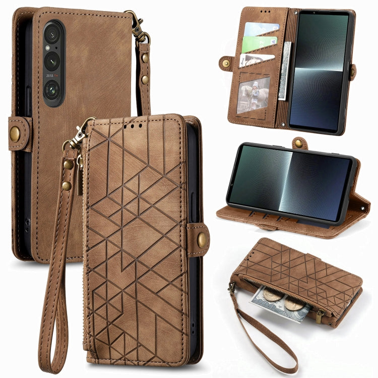 For Sony Xpreia Ace 3 Geometric Zipper Wallet Side Buckle Leather Phone Case(Brown) by buy2fix