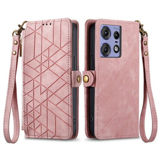 For Motorola Edge 50 Pro Geometric Zipper Wallet Side Buckle Leather Phone Case(Pink) - Motorola Cases by buy2fix | Online Shopping UK | buy2fix