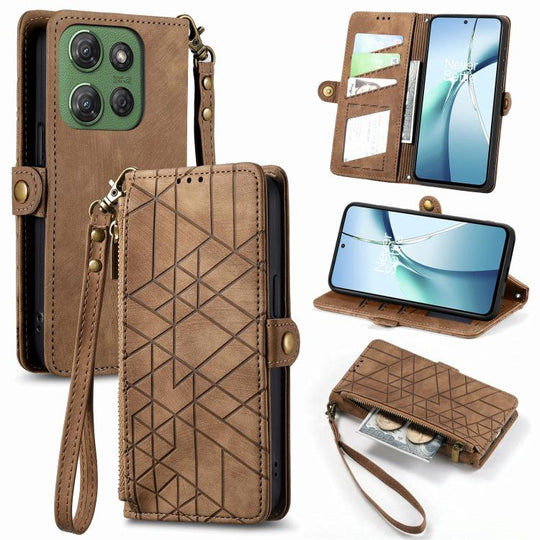 For Motorola Moto G Power 2025 Geometric Zipper Wallet Side Buckle Leather Phone Case(Brown)