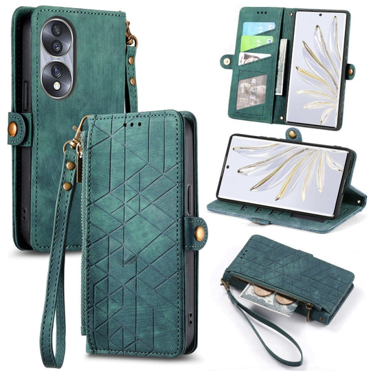 Pour Honor 70 Portefeuille à fermeture éclair géométrique Boucle latérale Étui de téléphone en cuir (Vert)