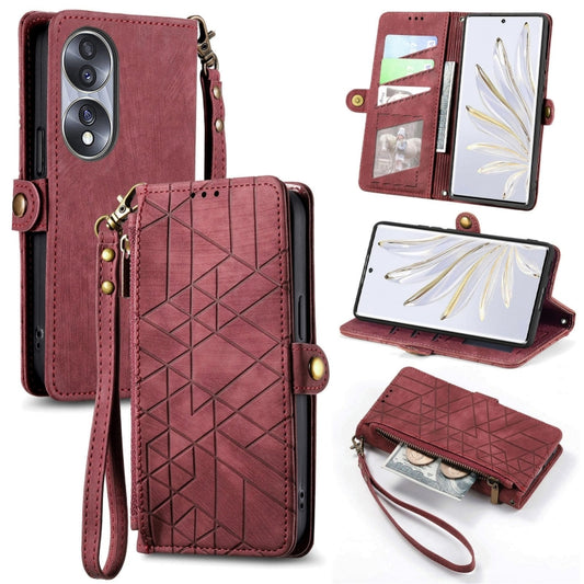 For Honor 70 Geometric Zipper Wallet Side Buckle Leather Phone Case(Red) by buy2fix