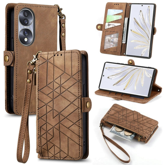 Pour Honor 70 Étui de téléphone en cuir à boucle latérale avec fermeture éclair géométrique (marron)