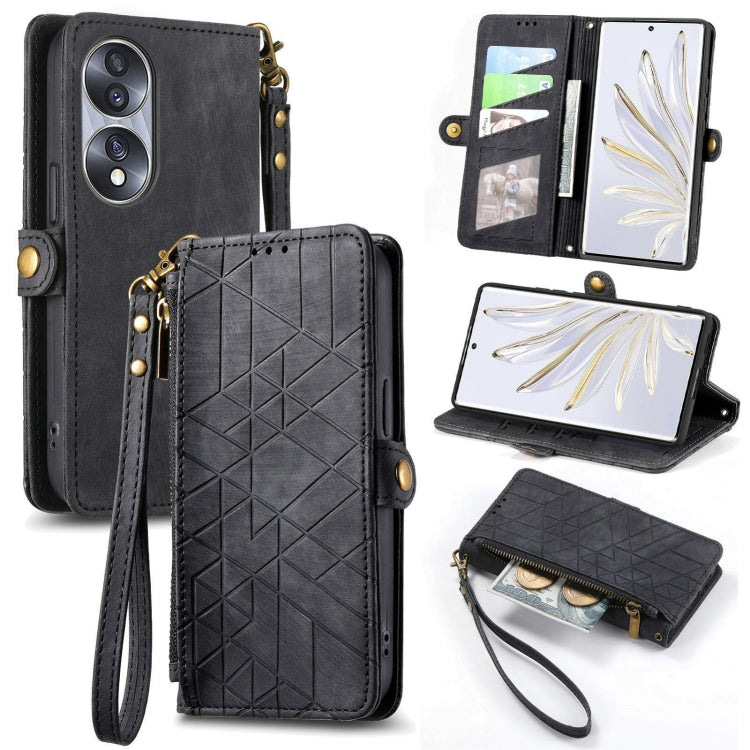For Honor 70 Geometric Zipper Wallet Side Buckle Leather Phone Case(Black) by buy2fix