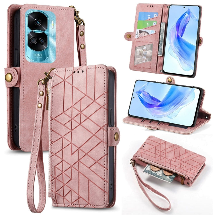 For Honor 90 Lite / X50i Geometric Zipper Wallet Side Buckle Leather Phone Case(Pink) by buy2fix