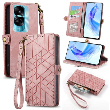 For Honor 90 Lite / X50i Geometric Zipper Wallet Side Buckle Leather Phone Case(Pink) by buy2fix