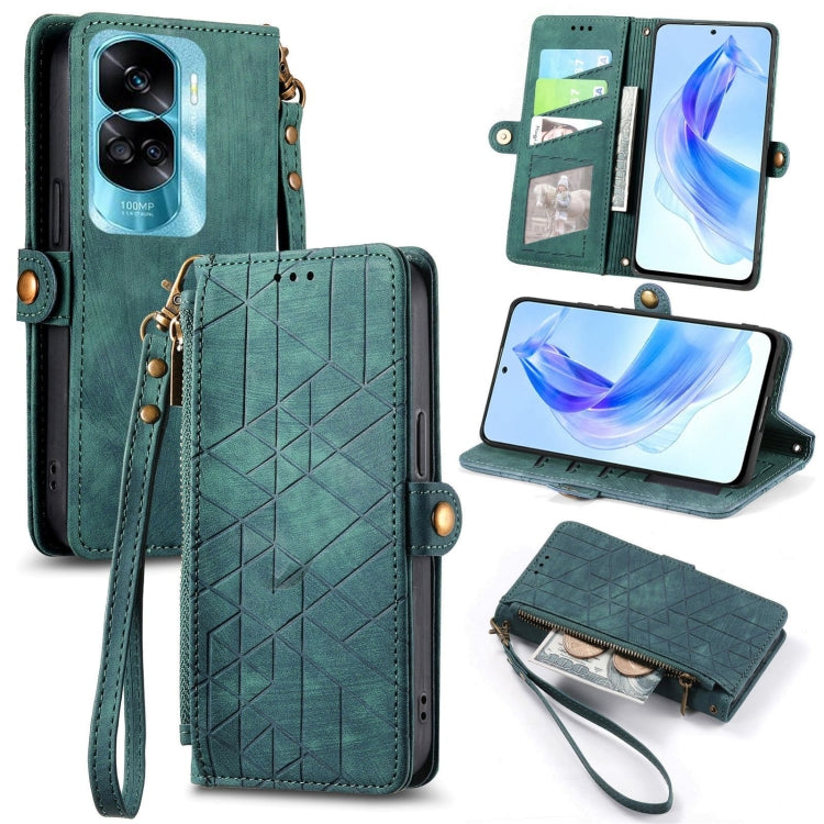 For Honor 90 Lite / X50i Geometric Zipper Wallet Side Buckle Leather Phone Case(Green) by buy2fix