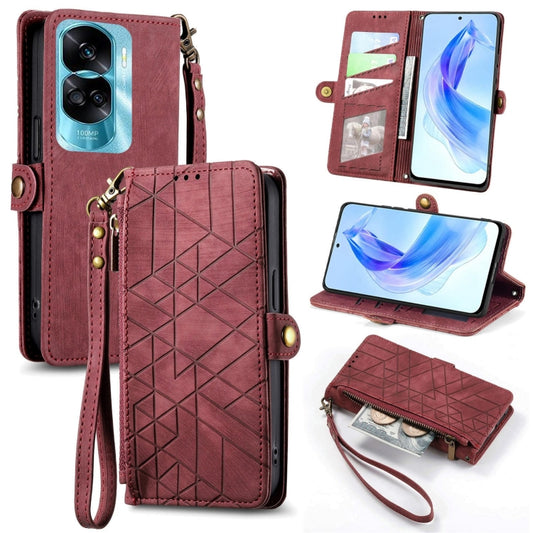 For Honor 90 Lite / X50i Geometric Zipper Wallet Side Buckle Leather Phone Case(Red) by buy2fix