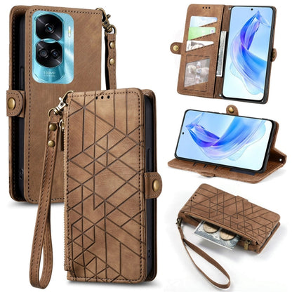 For Honor 90 Lite / X50i Geometric Zipper Wallet Side Buckle Leather Phone Case(Brown) by buy2fix