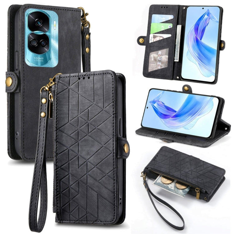 For Honor 90 Lite / X50i Geometric Zipper Wallet Side Buckle Leather Phone Case(Black) by buy2fix