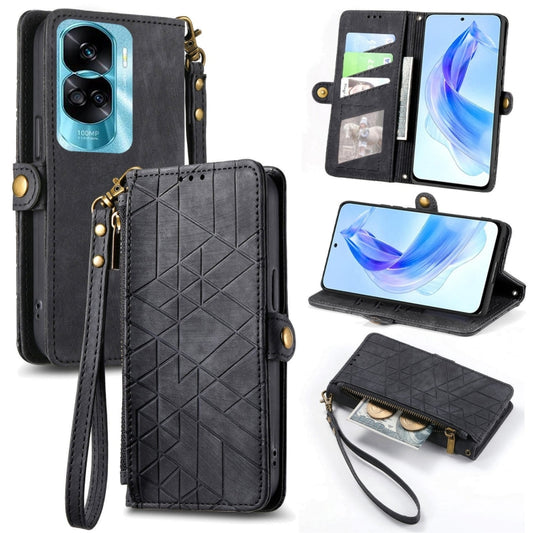 For Honor 90 Lite / X50i Geometric Zipper Wallet Side Buckle Leather Phone Case(Black) by buy2fix