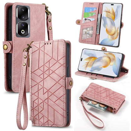 For Honor 90 Pro Geometric Zipper Wallet Side Buckle Leather Phone Case(Pink) by buy2fix
