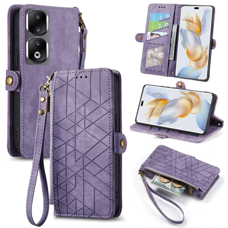 For Honor 90 Pro Geometric Zipper Wallet Side Buckle Leather Phone Case(Purple) by buy2fix