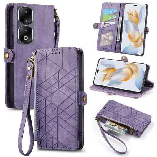 For Honor 90 Pro Geometric Zipper Wallet Side Buckle Leather Phone Case(Purple) by buy2fix