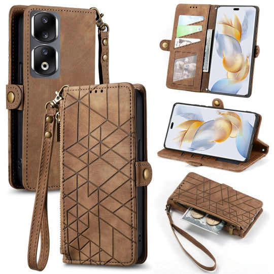 Pour Honor 90 Pro Portefeuille à fermeture éclair géométrique Boucle latérale Étui de téléphone en cuir (Marron)