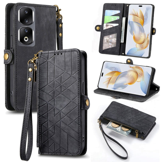 For Honor 90 Pro Geometric Zipper Wallet Side Buckle Leather Phone Case(Black) by buy2fix