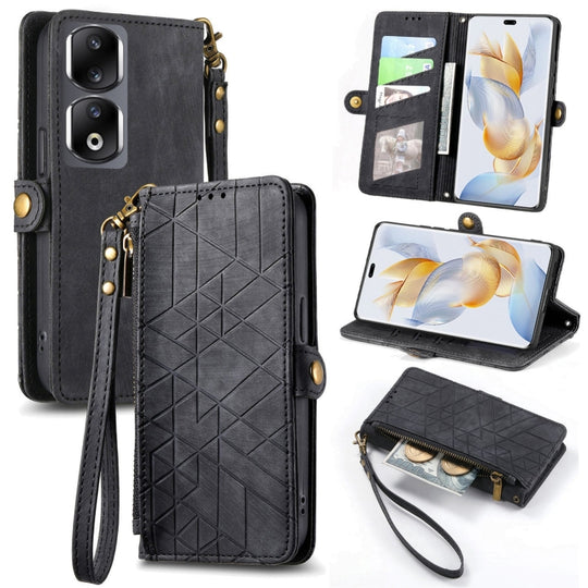 Pour Honor 90 Pro Portefeuille à fermeture éclair géométrique Boucle latérale Étui de téléphone en cuir (Noir)