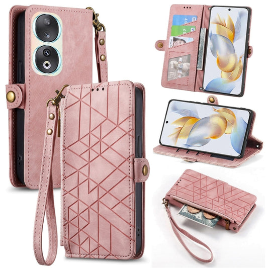 For Honor 90 Geometric Zipper Wallet Side Buckle Leather Phone Case(Pink) by buy2fix
