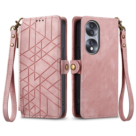For Honor 90 Geometric Zipper Wallet Side Buckle Leather Phone Case(Pink) by buy2fix