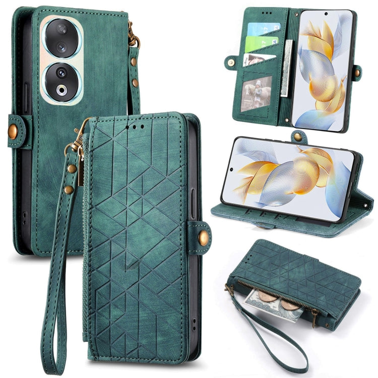 For Honor 90 Geometric Zipper Wallet Side Buckle Leather Phone Case(Green) by buy2fix