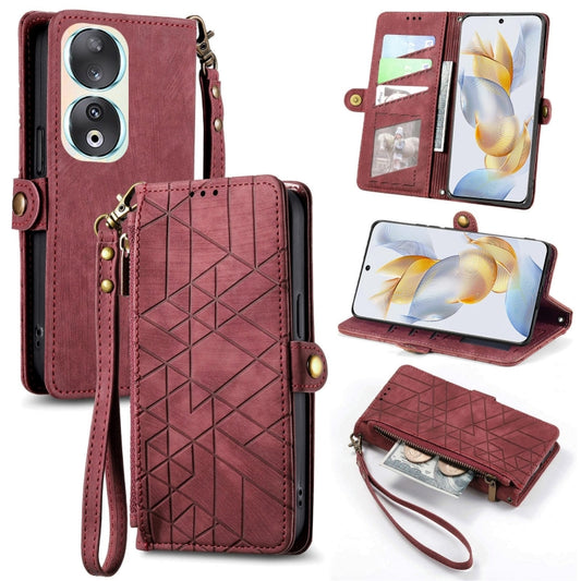 For Honor 90 Geometric Zipper Wallet Side Buckle Leather Phone Case(Red) by buy2fix