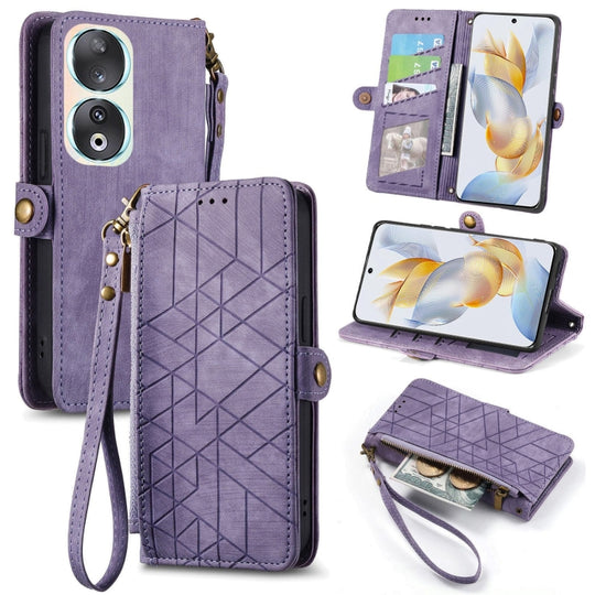 Pour Honor 90 Portefeuille à fermeture éclair géométrique Boucle latérale Étui de téléphone en cuir (Violet)