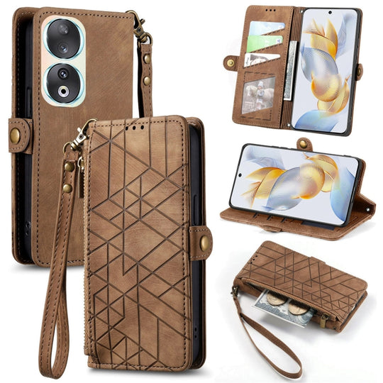 Pour Honor 90 Portefeuille à fermeture éclair géométrique Boucle latérale Étui de téléphone en cuir (Marron)