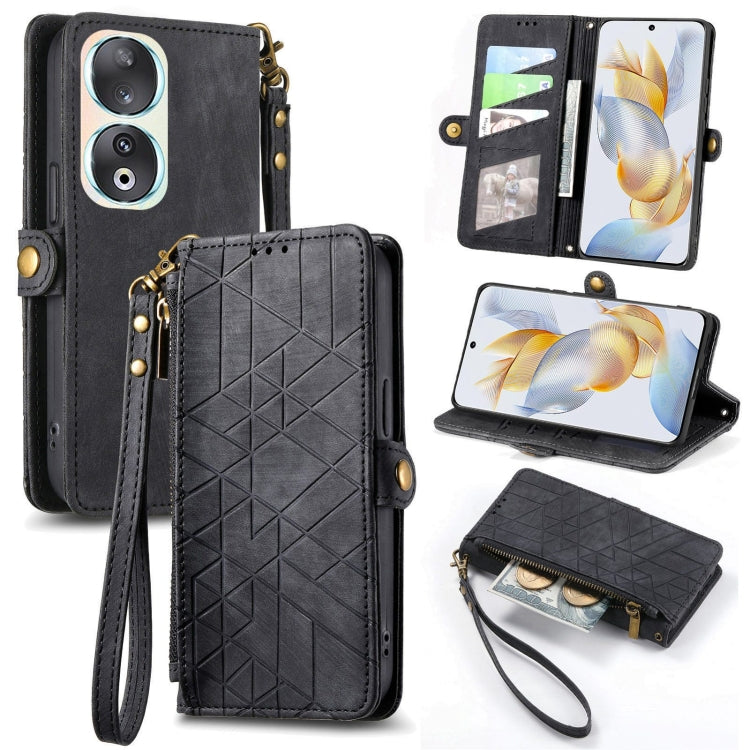 For Honor 90 Geometric Zipper Wallet Side Buckle Leather Phone Case(Black) by buy2fix