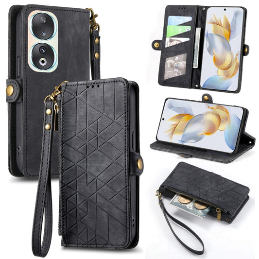 For Honor 90 Geometric Zipper Wallet Side Buckle Leather Phone Case(Black) by buy2fix