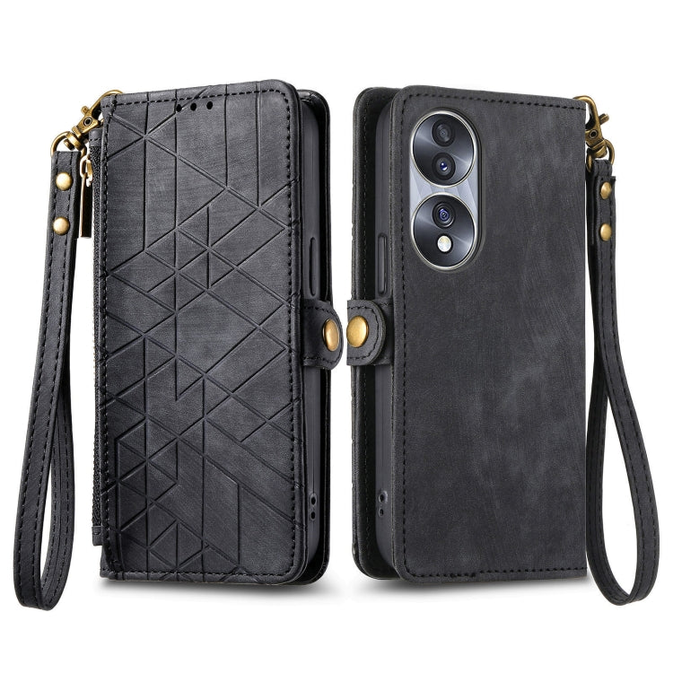 For Honor 90 Geometric Zipper Wallet Side Buckle Leather Phone Case(Black) by buy2fix