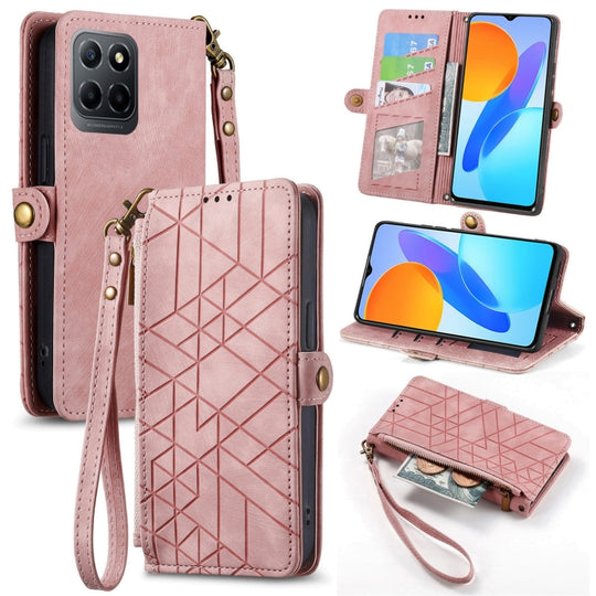 Pour Honor X8 5G Portefeuille à fermeture éclair géométrique Boucle latérale Étui de téléphone en cuir (Rose)