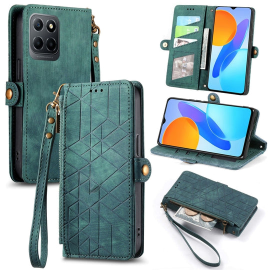 Pour Honor X8 5G Portefeuille à fermeture éclair géométrique Boucle latérale Étui de téléphone en cuir (Vert)