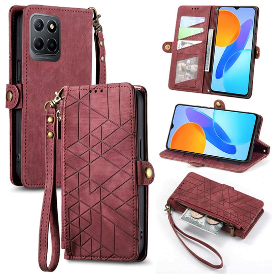 Pour Honor X8 5G Portefeuille à fermeture éclair géométrique Boucle latérale Étui de téléphone en cuir (Rouge)