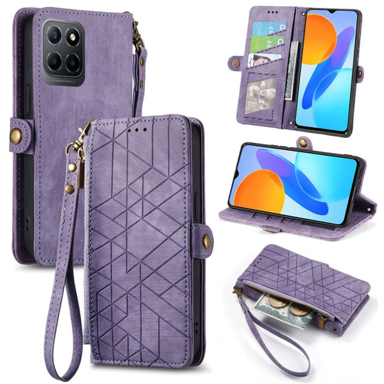 For Honor X8 5G Geometric Zipper Wallet Side Buckle Leather Phone Case(Purple)