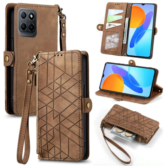 Pour Honor X8 5G Portefeuille à fermeture éclair géométrique Boucle latérale Étui de téléphone en cuir (Marron)