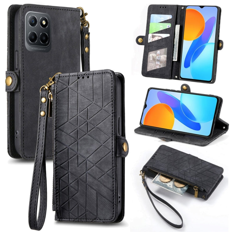 For Honor X8 5G Geometric Zipper Wallet Side Buckle Leather Phone Case(Black) by buy2fix