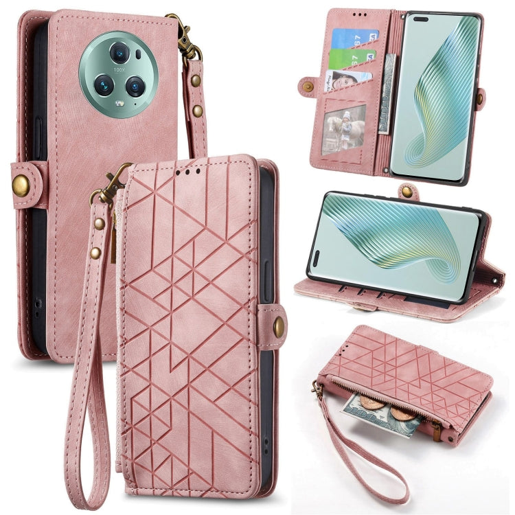 For Honor Magic5 Pro Geometric Zipper Wallet Side Buckle Leather Phone Case(Pink) by buy2fix