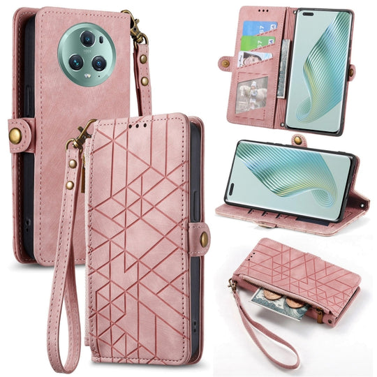 Pour Honor Magic5 Pro Portefeuille à fermeture éclair géométrique Boucle latérale Étui de téléphone en cuir (Rose)