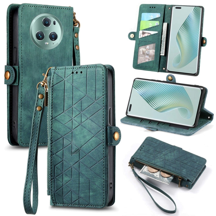 For Honor Magic5 Pro Geometric Zipper Wallet Side Buckle Leather Phone Case(Green) by buy2fix