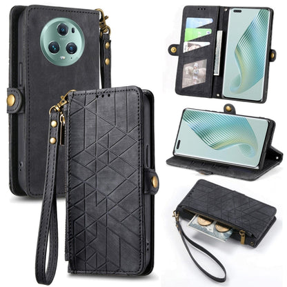 For Honor Magic5 Pro Geometric Zipper Wallet Side Buckle Leather Phone Case(Black) by buy2fix